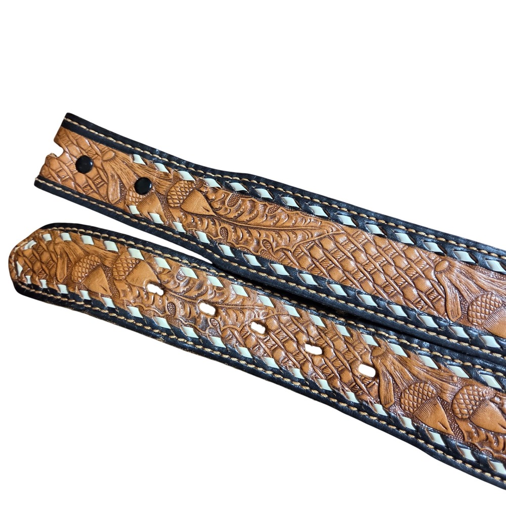 Vintage Bona Allen Hand Tooled Leather Western Belt 42 Acorn Whipstitch Bob USA